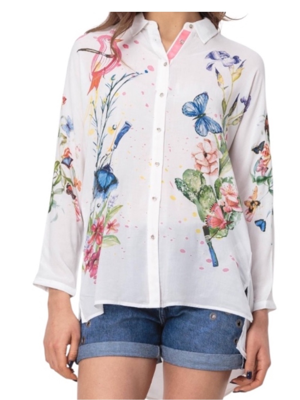 Desigual White Floral & Butterfly Button-Down Shirt - Picture 2 of 7